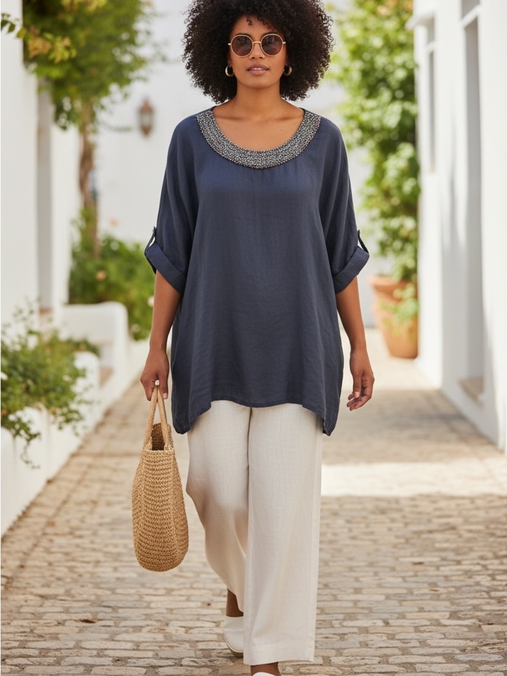Luisa Perla Linen Navy Blue Embellished Scoop Neck Tunic Airy Euro Chic Top